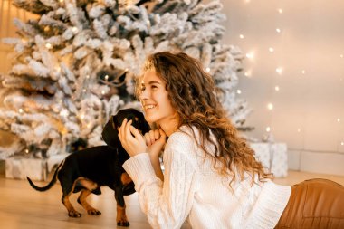 Güzel kıvırcık saçlı bir kız, Noel ağacının yanında bir köpek yavrusuyla oturuyor. Bir evcil hayvanla yılbaşı fotoğrafı. Kollarında köpek pençesi tutan bir kız. .