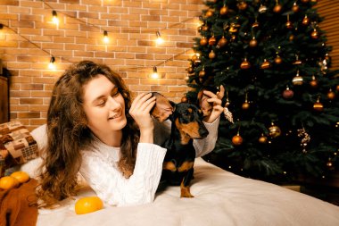 Kıvırcık saçlı güzel bir kız ve Noel ağacının yanında bir köpek yavrusu, bir evcil hayvanla yılbaşı fotoğrafı. Kollarında köpek pençesi tutan bir kız. .
