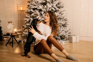 Güzel kıvırcık saçlı bir kız, Noel ağacının yanında bir köpek yavrusuyla oturuyor. Bir evcil hayvanla yılbaşı fotoğrafı. Kollarında köpek pençesi tutan bir kız. .