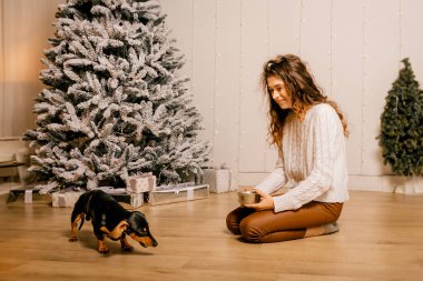 Beyaz kazaklı kıvırcık saçlı bir kız odada yerde oturuyor. Kadın ve köpek odada oynuyorlar. Kız köpeği besliyor..