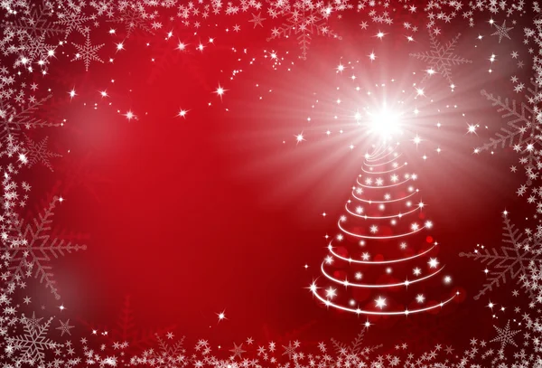 Natale sfondo rosso con cornice fiocchi di neve e tre di Natale — Foto Stock