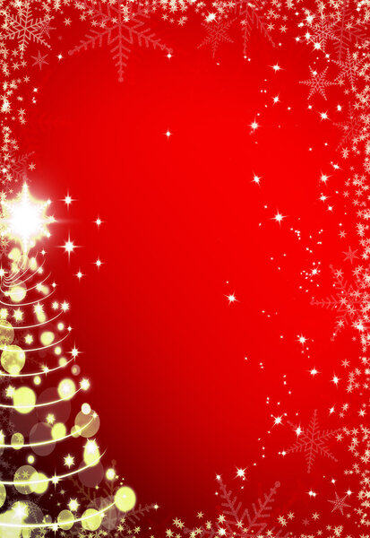 Christmas red background with snowflakes frame and Christmas tre