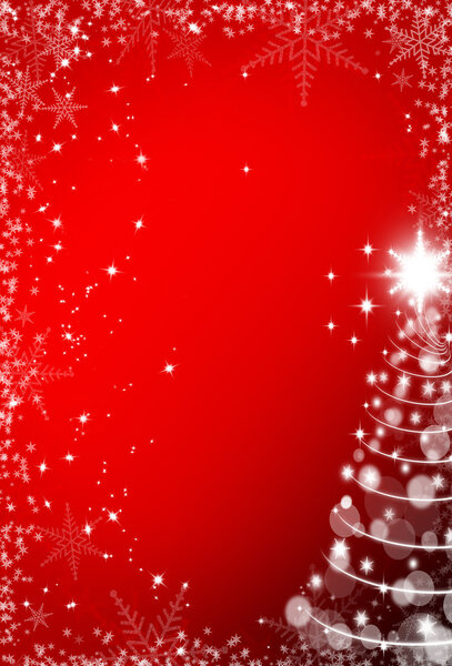 Christmas red background with snowflakes frame and Christmas tre