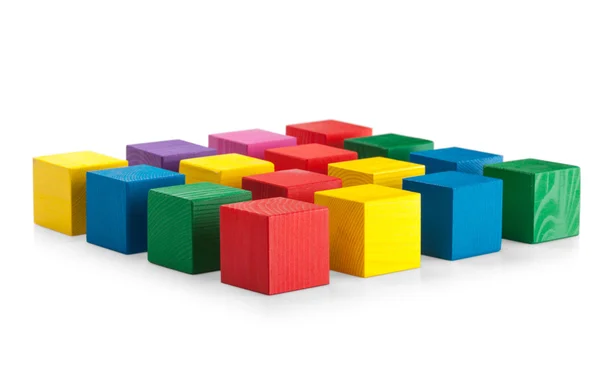 Colorful 4x4 square of wooden toy cubes isolated on white — Stock Photo, Image
