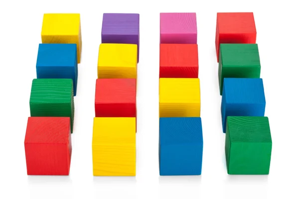 Colorful 4x4 square of wooden toy cubes isolated on white — Stock Photo, Image