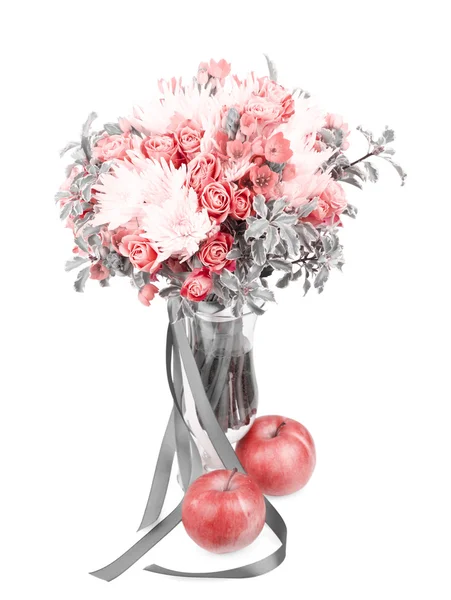 Drama black and white bouquet in a vase with red apple isolated — Stock Photo, Image