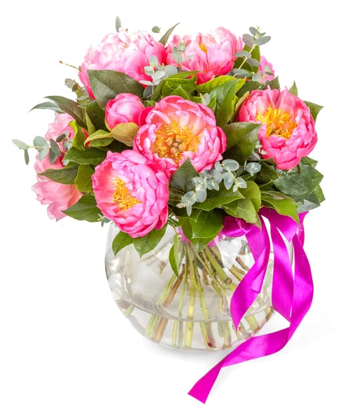 Amazing bouquet of pink pions on white — Stock Photo, Image