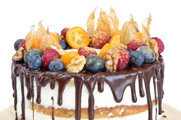 Torta nuda di compleanno decorata con frutta — Foto Stock