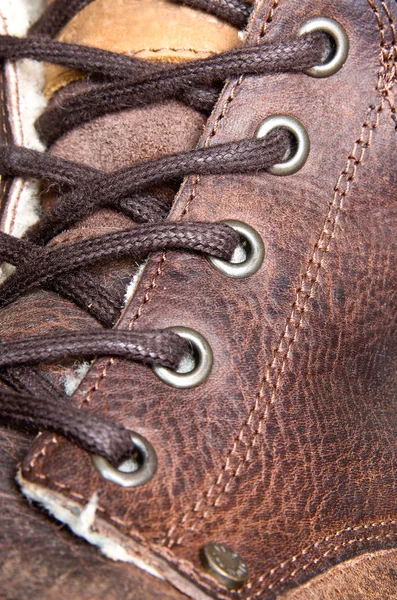 Autumn leather boot's lacing. — Stock Photo, Image
