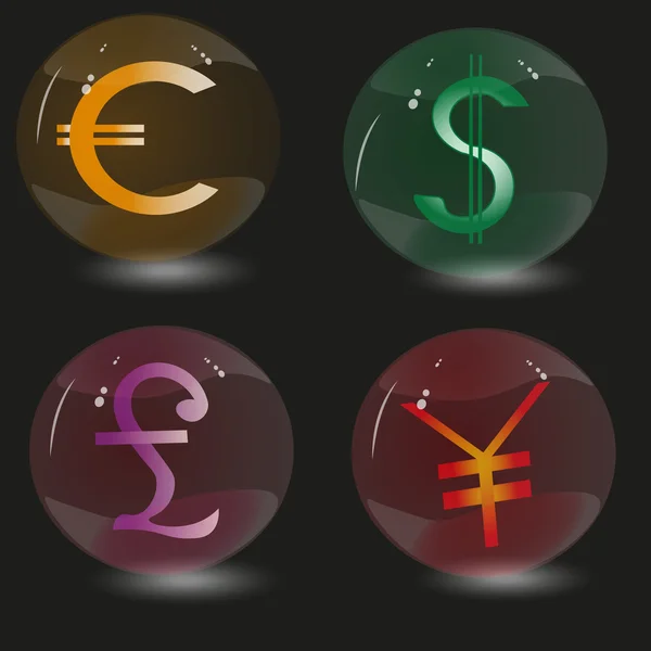 Imagen de cuatro esferas de vidrio y signos de monedas en el mundo — Vector de stock