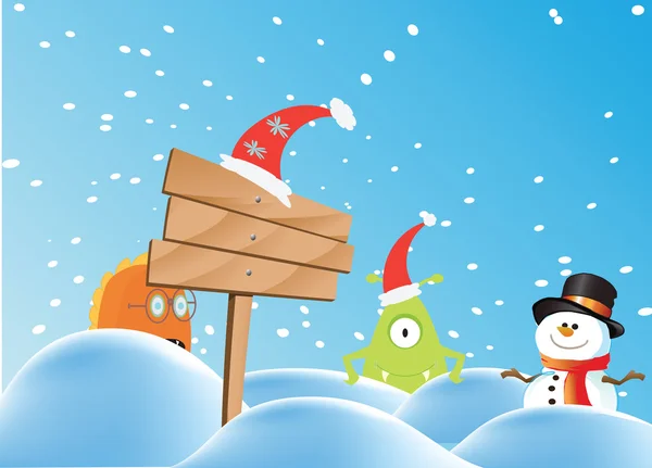 Monster and snowman on the snow — Stock Vector