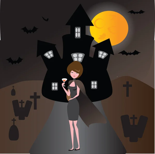 Lady vampire live in front castle in the night — Stock Vector