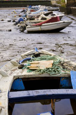 PONTEVEDRA, İSPAN - 15 Nisan 2019: Rio Lerez 'in ağzındaki küçük bir rıhtıma demir atmış eğlence ve balıkçı tekneleri.