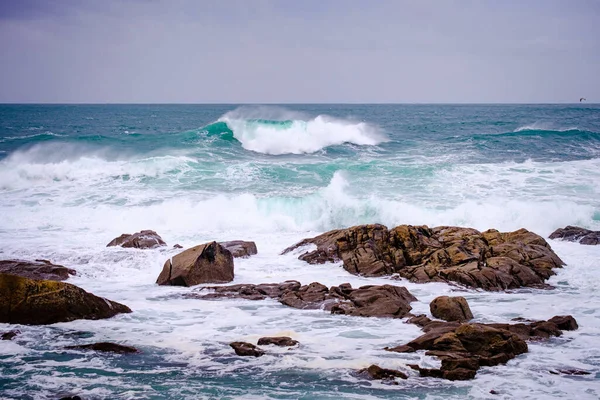 View Galician Coast Day Strong Winds Village Baiona Spain — Stock Photo, Image