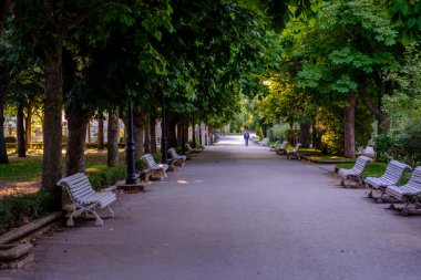 SORIA, İspanya - 6 Eylül 2019: Şehir merkezindeki Alameda de Cervantes Parkı 'nda yürüyen insanlar.