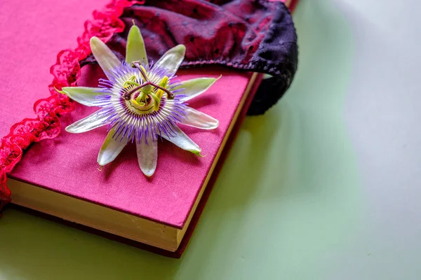 Passiflora Edulis Kwiat Obok Kawałka Czerwonej Czarnej Bielizny Zamkniętej Książki — Zdjęcie stockowe