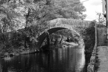 Galiçya 'nın Ourense ilindeki Aronia Nehri üzerindeki Ortaçağ taş köprüsü, Banos de Molgas (İspanya))