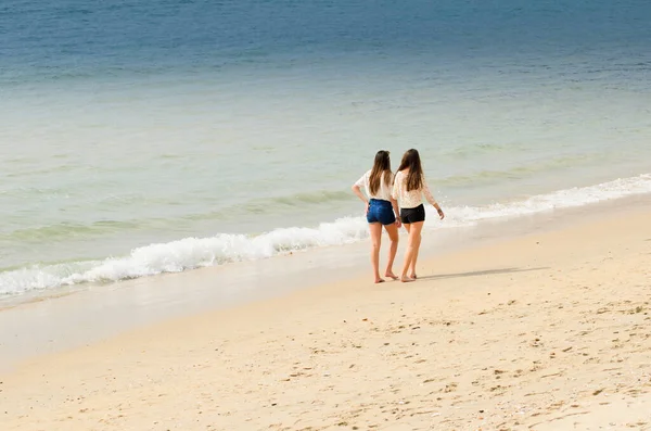 SANXENXO, İspanya - 9 Mart 2014: Güneşli bir Mart günü, insanların güneşlendiği ve Galiçya 'nın Rias Baixas bölgesinde yürüyüş yaptığı şehir plajı Silgar manzarası.
