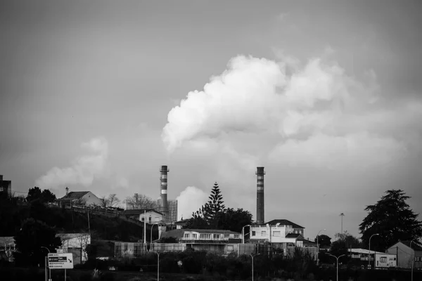 Industrial Chimneys Paper Pulp Factory Fuming City Pontevedra Spain — Stock Photo, Image