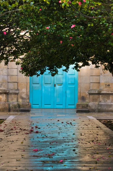 Reflejo de puerta azul en suelo — Foto de Stock