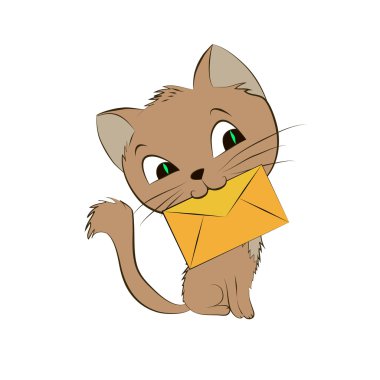 Beyaz bir arka plan üzerinde zarf ile gülümseyen bir kedi resmi