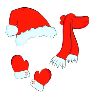 Noel koymak: kırmızı santa claus şapka, eşarp ve eldiven beyaz zemin üzerine
