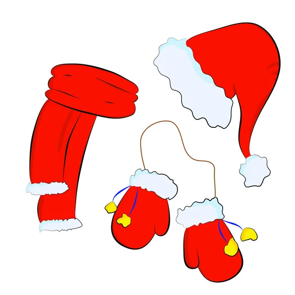 Christmas set: red santa claus hat, scarf and mittens on the white background — Stock Photo, Image