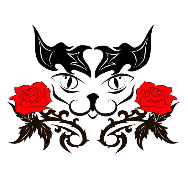 Muzzle of a cat with roses - tattoo — Stock Photo, Image