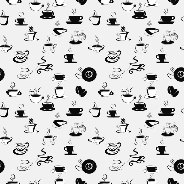 Patrón sin costuras con granos de café y tazas — Vector de stock