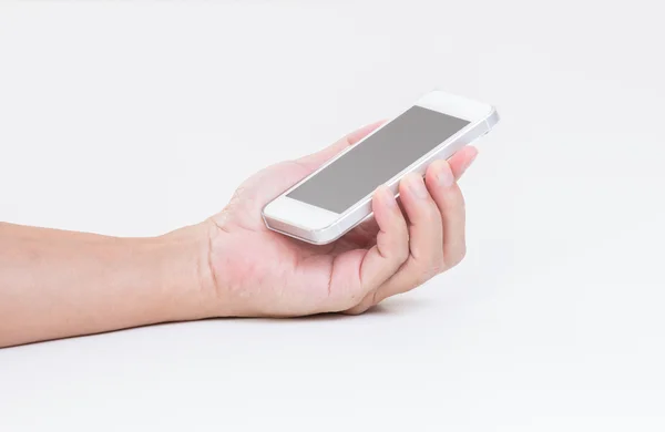 Homem mão segurar celular no fundo branco — Fotografia de Stock