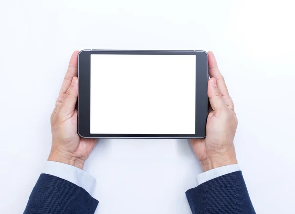 Zakenman handen met tablet pc op witte achtergrond — Stockfoto