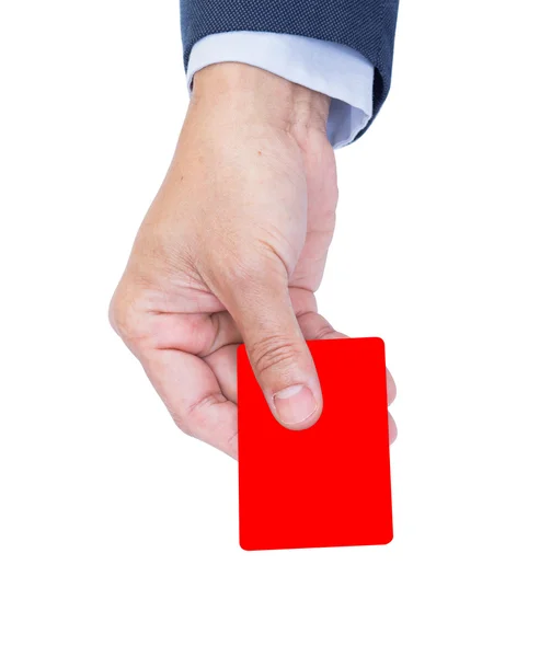 실업가 손을 잡고 흰색 배경에 고립 된 빈 카드 — 스톡 사진
