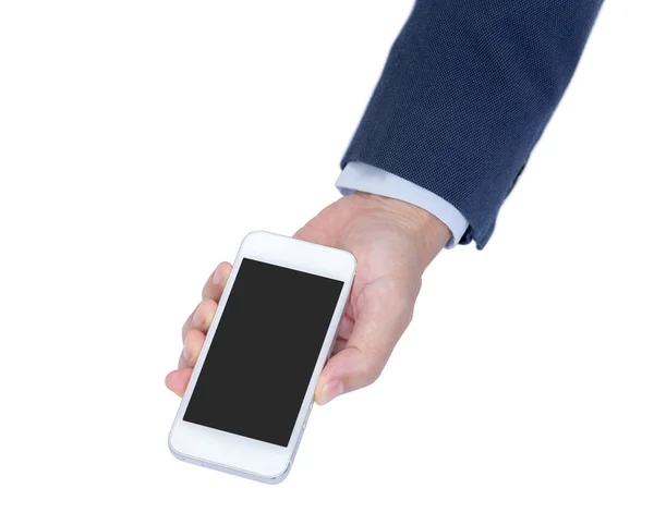 Zakenman hand met leeg scherm mobiele telefoon geïsoleerd op w — Stockfoto