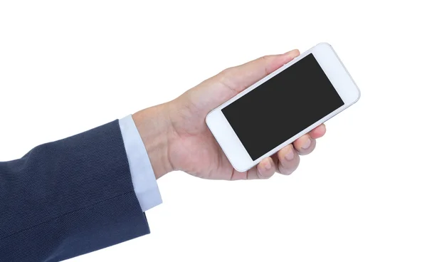 Zakenman hand met leeg scherm mobiele telefoon geïsoleerd op w — Stockfoto