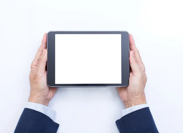 Businessman hands holding digital tablet computer on white backg — Stock Photo, Image