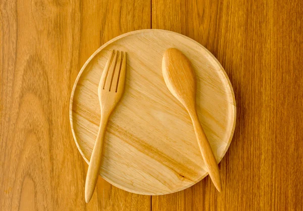 Wood plate spoon fork — Stock Photo, Image