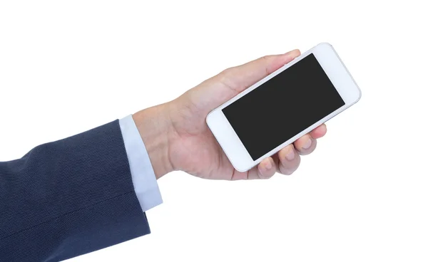 Рука бізнесмена, що тримає порожній екран мобільного телефону ізольовано на w — стокове фото