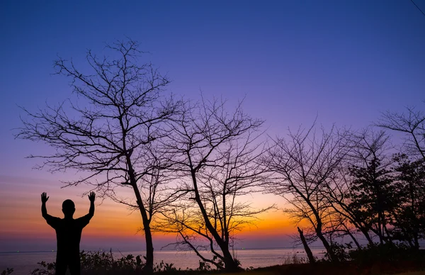 Silhouette homme montrer sa main en l'air avec arbre mort au soleil — Photo