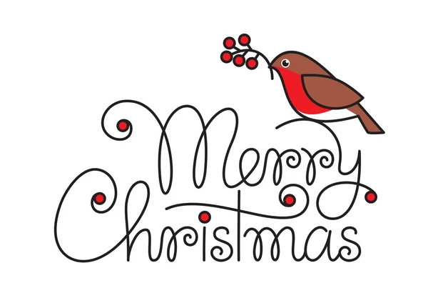 Feliz Natal texto mão letras com bullfinch e ramo Vetores De Stock Royalty-Free