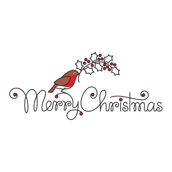 Feliz Natal texto mão letras com bullfinch e ramo — Vetor de Stock