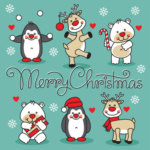 Schattige kerst cartoon dieren met merry christmas hand belettering tekst instellen — Stockvector