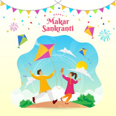 Mutlu Makar Sankranti tebrik kartı. Hintli erkek ve kız uçurtma oynuyorlar Makar Sankranti festivalini kutluyorlar