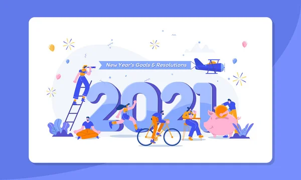 Feliz Año Nuevo 2021 Objetivos Resoluciones 2021 Ilustración Conceptual Personas — Vector de stock