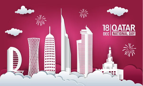 Ilustração Vetorial Dezembro Celebração Dia Nacional Qatar Com Horizonte Cidade —  Vetores de Stock