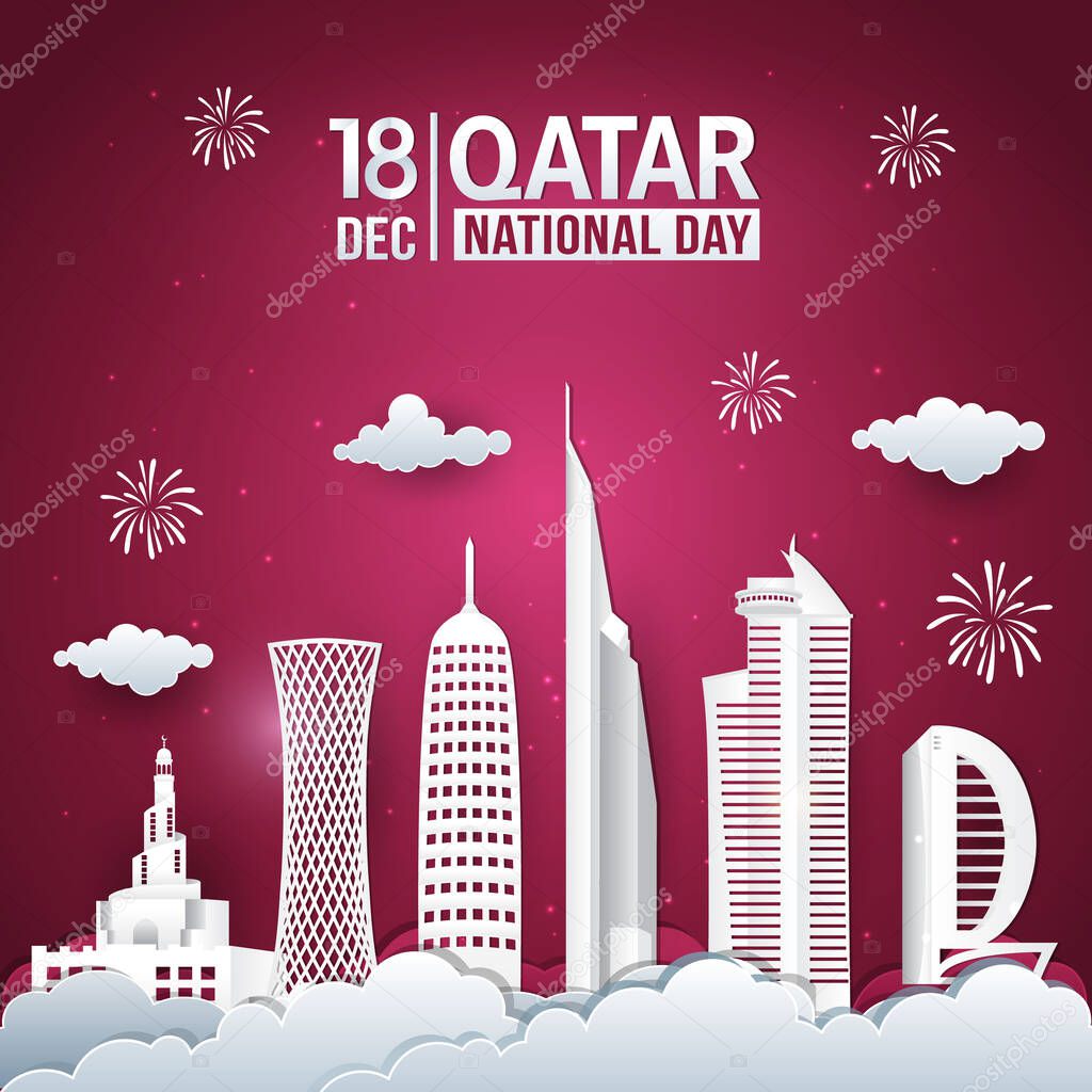 Vector illustration of 18th December Qatar national day celebration with city skyline, qatar flag and fireworks in paper cut style