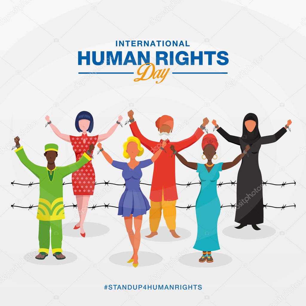 International human rights day background. peoples with different race raising hands and broken chains the symbol of freedom.