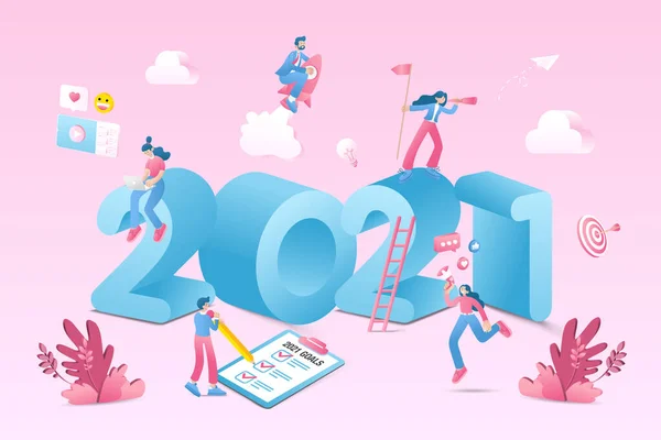 Bonne Année 2021 2021 Objectifs Commerciaux Illustration Concept Commerçants Faisant — Image vectorielle