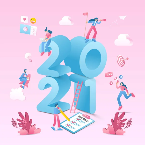 2021年新年快乐 2021年商业目标概念说明 从事社交媒体营销 寻找机会 飞黄腾达和核对新年决算表的商人 — 图库矢量图片