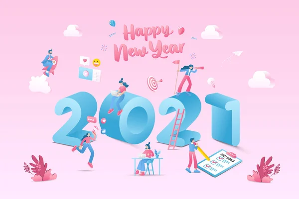 2021年新年快乐 2021年商业目标概念说明 从事社交媒体营销 寻找机会 飞黄腾达和核对新年决算表的商人 — 图库矢量图片