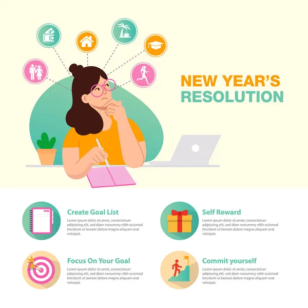 New years resolution and goals infographic. young woman with pen writes goals and resolutions for new year.